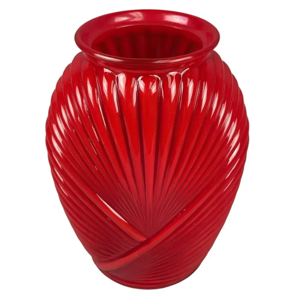 Vintage Anchor Hocking Red Glass Vase Art Deco Pleated Ribbed Design 1980's